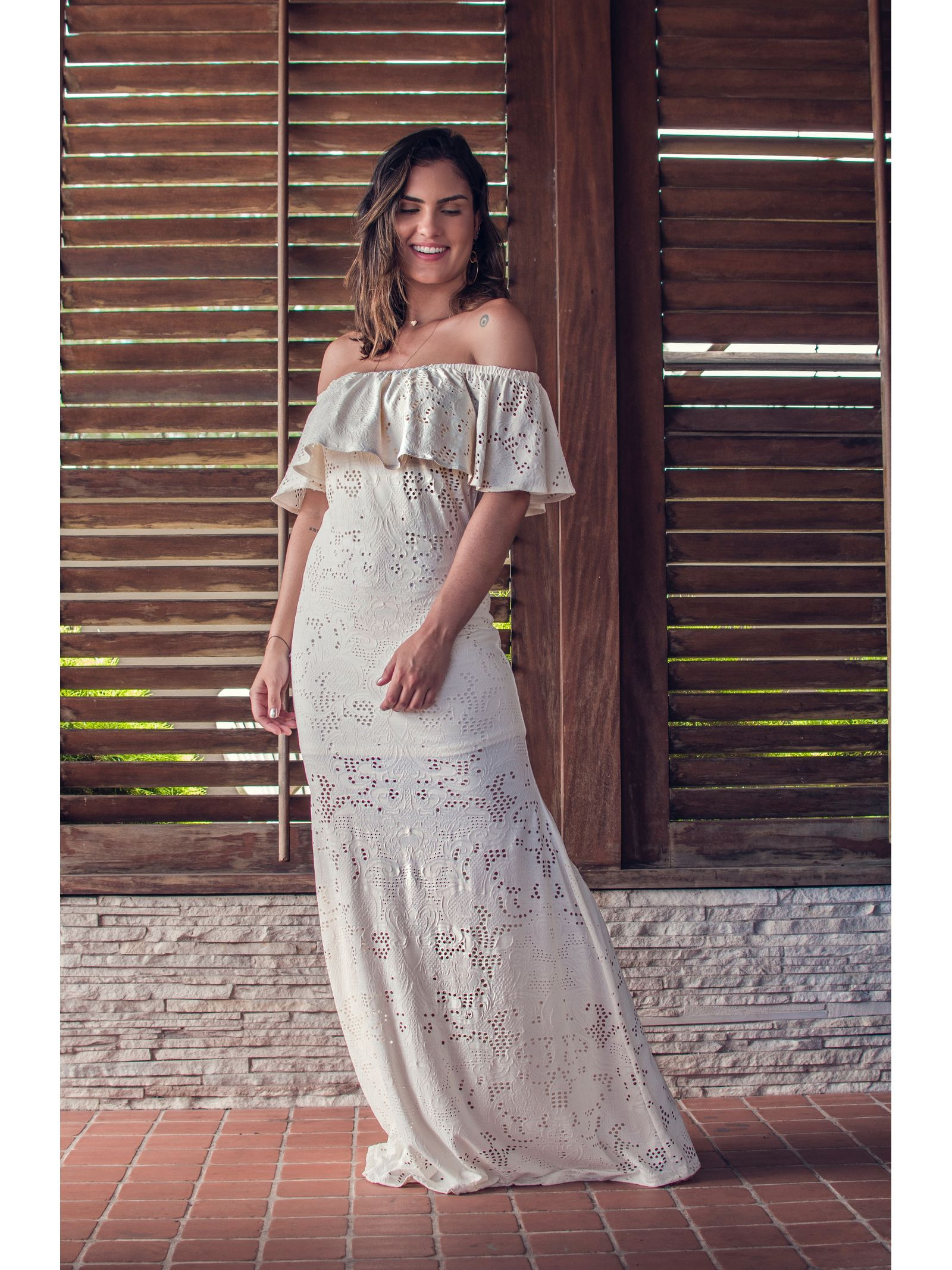 vestido ombro a ombro longo branco