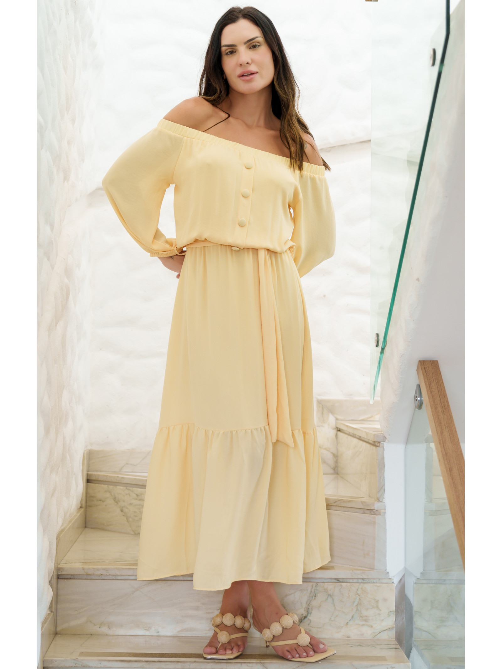 VESTIDO CREPE MIDI OMBRO A OMBRO