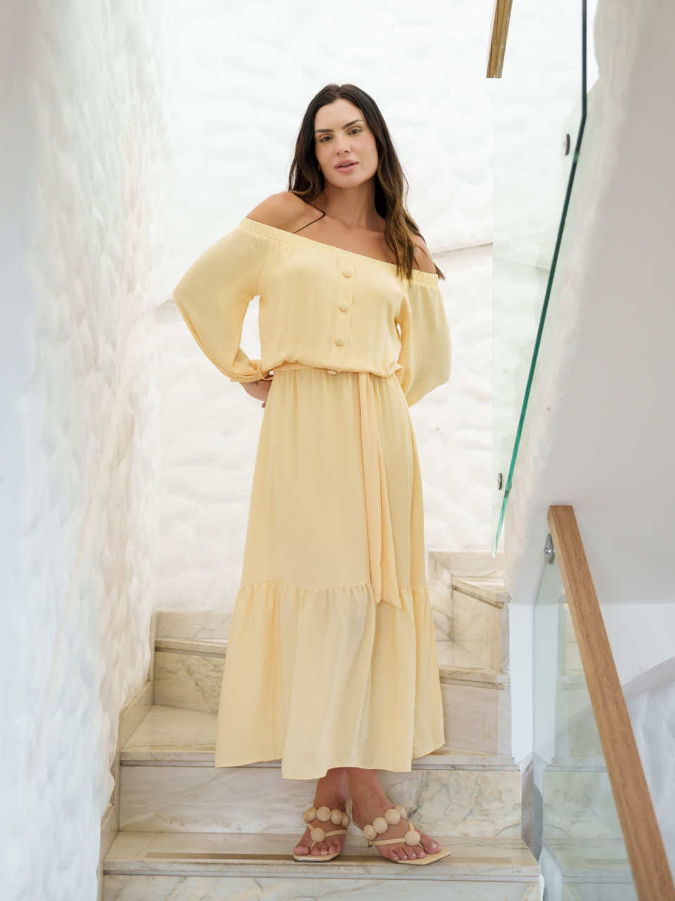 VESTIDO CREPE MIDI OMBRO A OMBRO